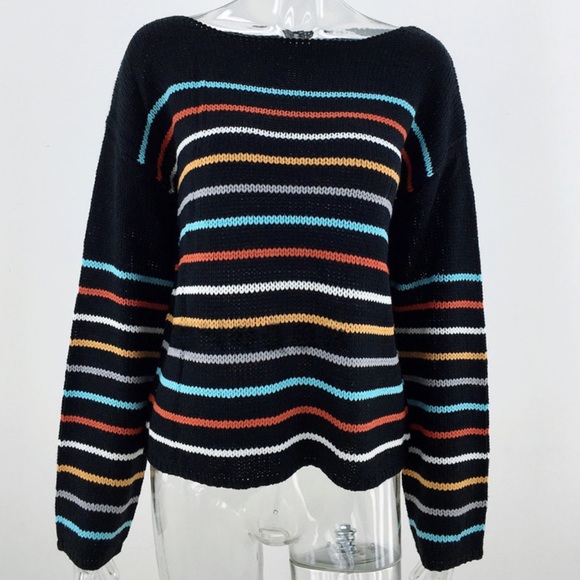 Rainbow Striped Boho Knit Sweater Black Bohemian - Picture 4 of 11